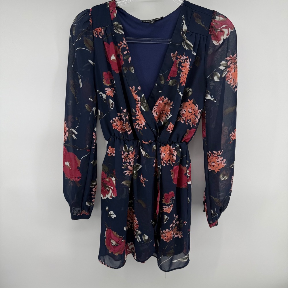 Lulus Navy Blue Floral Surplice V-Neck Long Sleeve Chiffon Mini Dress Small